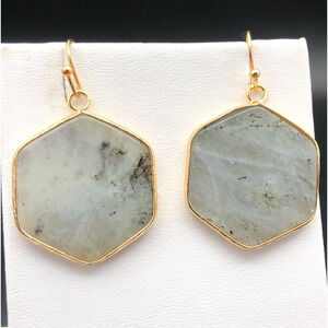 Gray Quartz Earrings Natural Hexagon Gemstone Gold Tone Bezel Drop Dangles